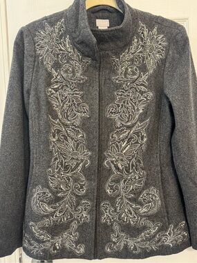 Chico's Gray Embroidered Stand-Collar Jacket